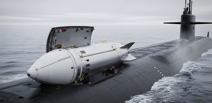 Ohio-Class Submarine at Sea with Open Missile Hatch and Trident II D5 SLBM