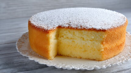 Golden Yellow Round Cake with Powdered Sugar on White Plate