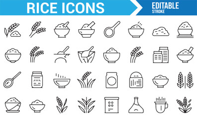 Collection of rice-related symbols, including bowls, grains, and packaging for food-themed designs.