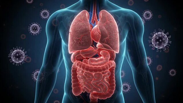 Detailed Illustration of Human Body with Lungs and Virus Particles