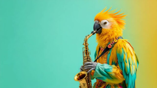 Bird-human hybrid plays saxophone on gradient backdrop