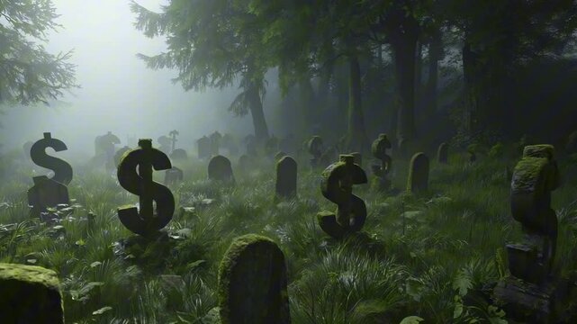 A quiet graveyard in thick morning fog shows headstones shaped like worn-down $ signs, with grass growing around them