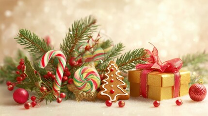 The colorful Christmas arrangement with gingerbread cookies and festive decorations.