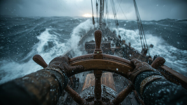 man steering wooden ship wheel in stormy sea during rain with dark cloudy sky and rough waves, wearing brown gloves and waterproof jacket, intense maritime navigation scene