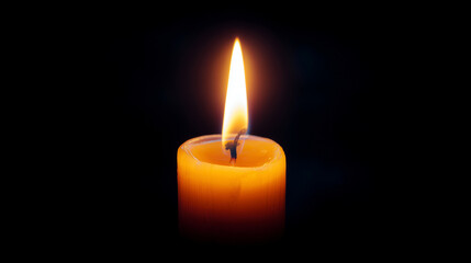 lit candle flame glowing softly in darkness, warm light, peaceful atmosphere, single wax candle burning steadily at night