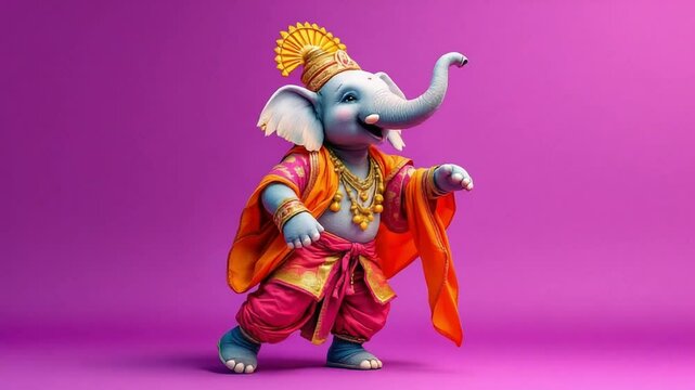 Cartoon elephant character, regalia & crown, posed on a purple background