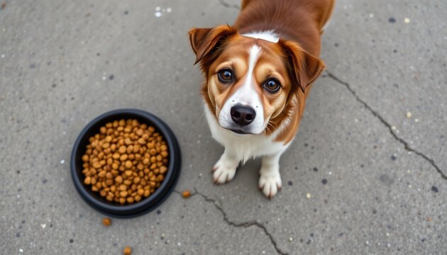 a dog standing beside a black pet food bowl filled with food. the dog has a brown and white coat and appears to be of a medium sized breed