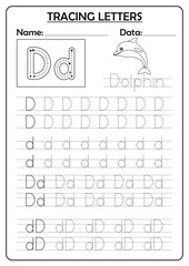Educational tracing worksheet for kids focused on the letter D. 