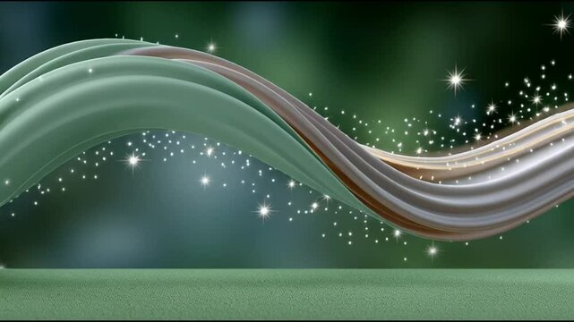 Abstract Swirl with Sparkling Stars: An abstract swirl of intertwining green and cream lines dances across the scene, sprinkled with shimmering star particles, creating a sense of movement and magic.