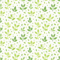 Seamless Green Leaf Pattern on White Background