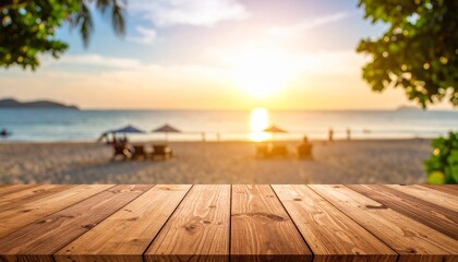 Serene Sunset Beach Wooden Tabletop Summer Vacation Background.