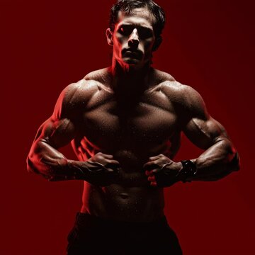 Athletic Man in Fitness Pose with Muscular Definition and Red Lighting

