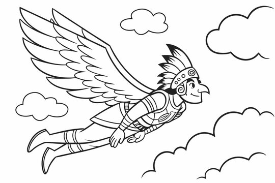 Gatotkaca, the mighty hero from Indonesian mythology, flying through the clouds. Simple line art style for a coloring page, black and white