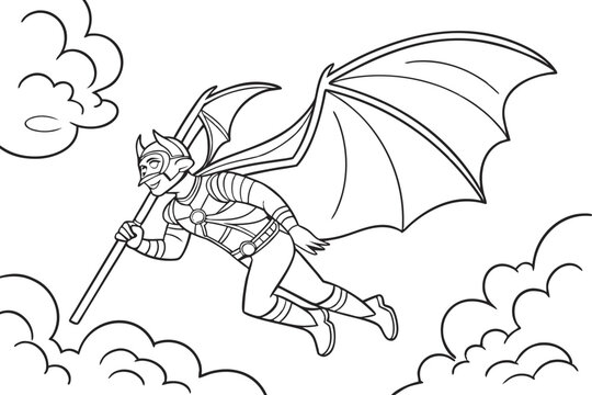 Gatotkaca, the mighty hero from Indonesian mythology, flying through the clouds. Simple line art style for a coloring page, black and white