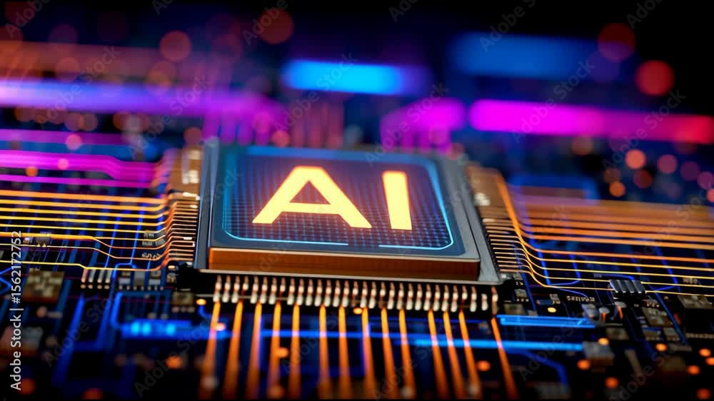 Poster glowing ai microchip revealing advanced technological design, illuminating intricate circuit board w