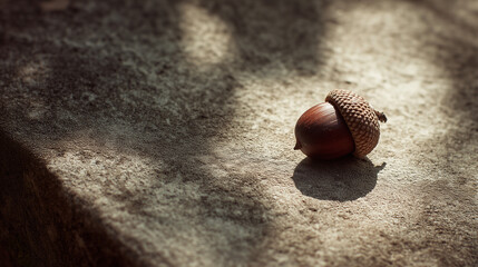 single acorn resting on a flat stone soft shadows