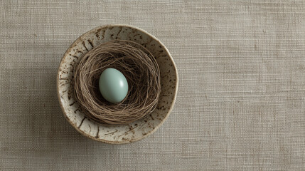 bird’s nest with one egg in a bowl