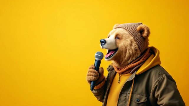 Dressed bear singing into a mic