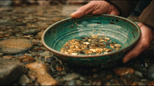 Gold prospector panning sediment, searching golden flakes amid rocky riverbed, sifting water with classic green mining equipment