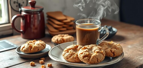 Steaming coffee, crumbly cookies, rustic table,  still life,  sugar