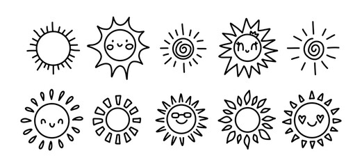 Set of cute hand-drawn sun doodles in black and white. Various cartoon sun icons with smiles, sunglasses, swirls, and rays. Perfect for coloring books, kids projects, stickers, and design elements.