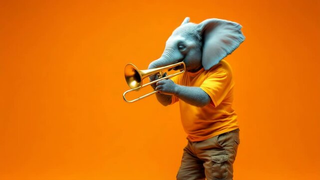 Elephant-headed man plays a trombone on an orange backdrop