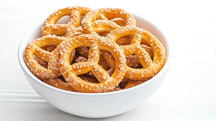 Pretzel snacks in a white bowl.