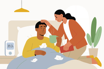Obraz premium Caring Woman Comforts Sick Man in Bed with Tea and Tissues – Flat Style Illustration