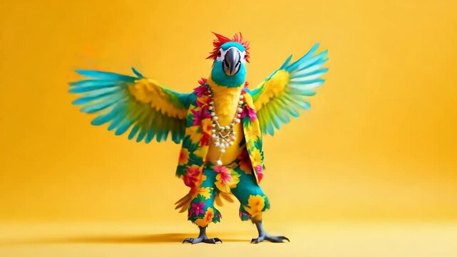 Dressed parrot A colorful parrot in a floral shirt and necklace on a yellow background