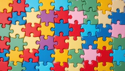 Naklejka premium puzzle pieces of different colors placed together to form a perfect square, shot from above with symmetrical framing.