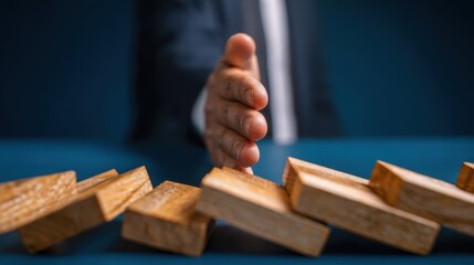 The Hand Reaching to Prevent Falling Blocks in a Business Setting