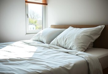 Obraz premium Unmade bed, two pillows, sunlight through window, lifestyle, serene