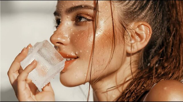 Youthful model pressing cooling ice cube against dewy facial skin, highlighting radiant complexion in minimalist white studio setting, expressing fresh skincare wellness