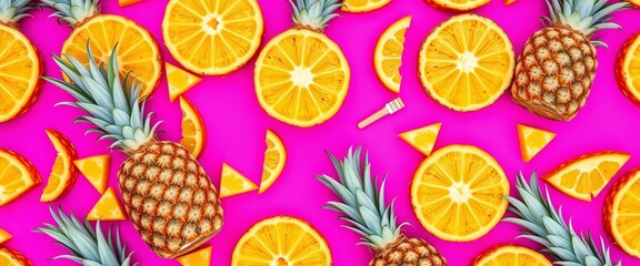 Vibrant pineapple slices create a colorful fruity pattern against a pink background , pattern, design