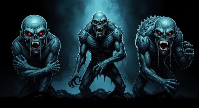 Three Horrifying Undead Creatures Emerging from Darkness with Glowing Red Eyes