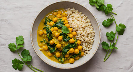 Vegan Chickpea Curry with Brown Rice and Fresh Herbs