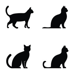 Four Black Cat Silhouettes in Different Poses on a White Background