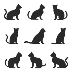 Collection of Nine Black Cat Silhouettes in Various Poses on White Background