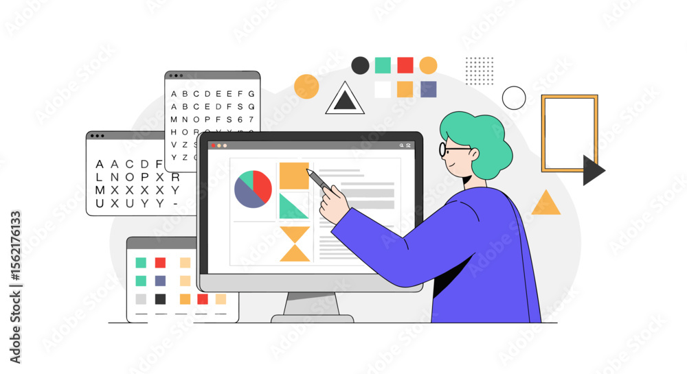 Poster digital design process with user at computer in modern workspace vector illustration