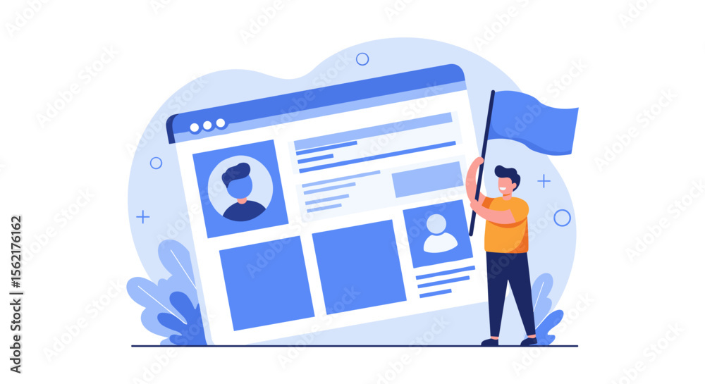 Poster profile page design vector illustration with user interface elements and character in flat style for