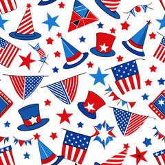 "Vector seamless pattern of stars, fireworks, flags and hats in red, white and blue colors for American Independence Day, PNG, no writing"