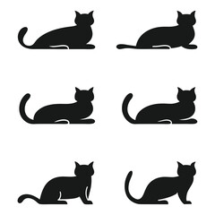 Collection of Six Black Cat Silhouettes in Various Poses on White Background