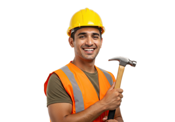 Smiling construction worker holding a hammer wearing yellow helmet