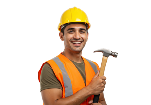 Smiling construction worker holding a hammer wearing yellow helmet - Powered by Adobe