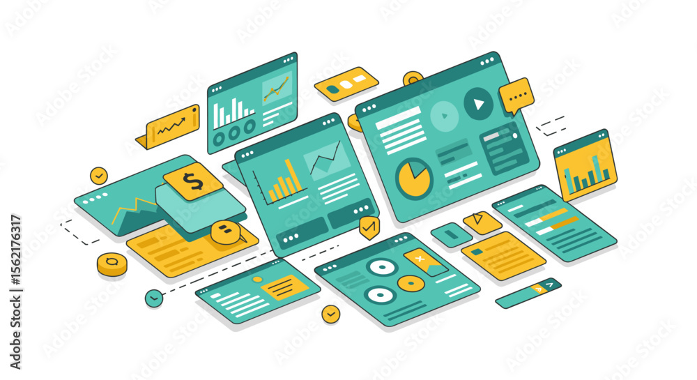 Poster isometric digital dashboard with analytics and data visualization vector illustration for design pro