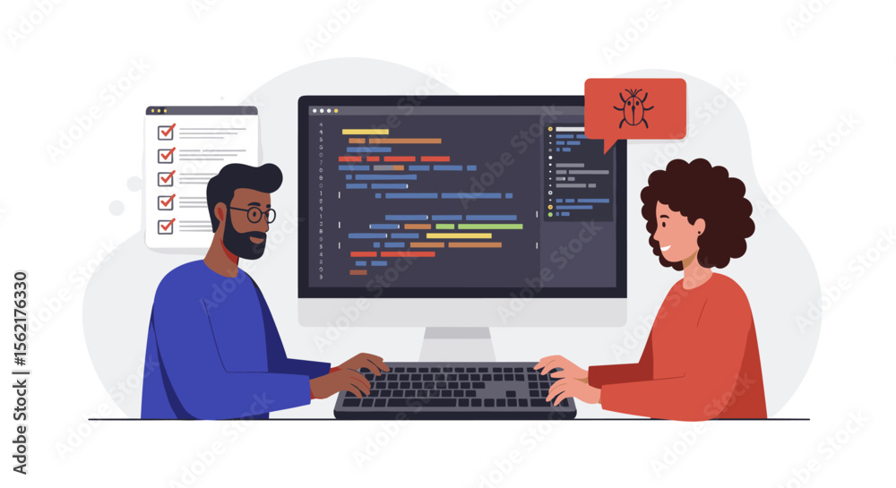 Poster collaborative programming concept with debugging in a modern flat vector illustration for educationa