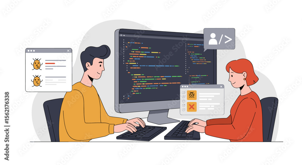 Poster collaborative coding session vector illustration for software development design in flat style