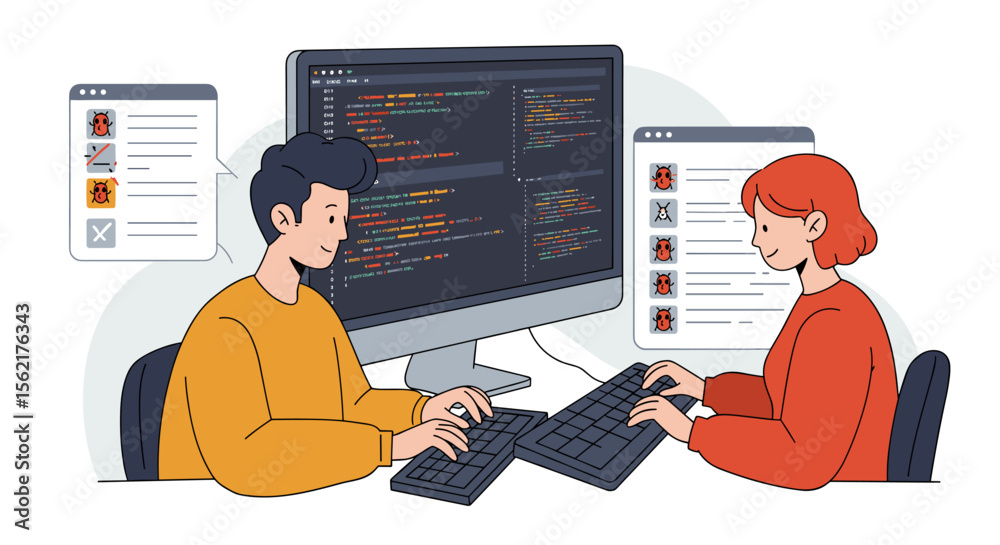 Poster collaborative coding session vector illustration in modern flat style for software development conce
