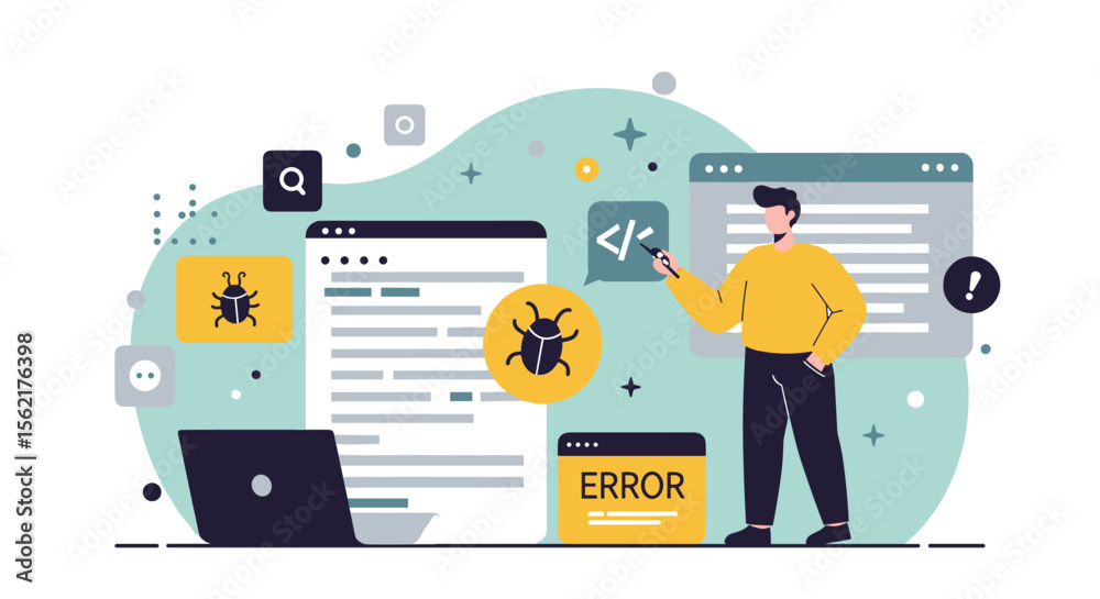 Poster software development debugging concept vector illustration in flat style for tech posters