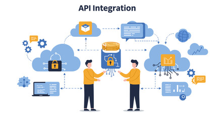 Api integration vector illustration: digital solutions and cloud technology for business communication